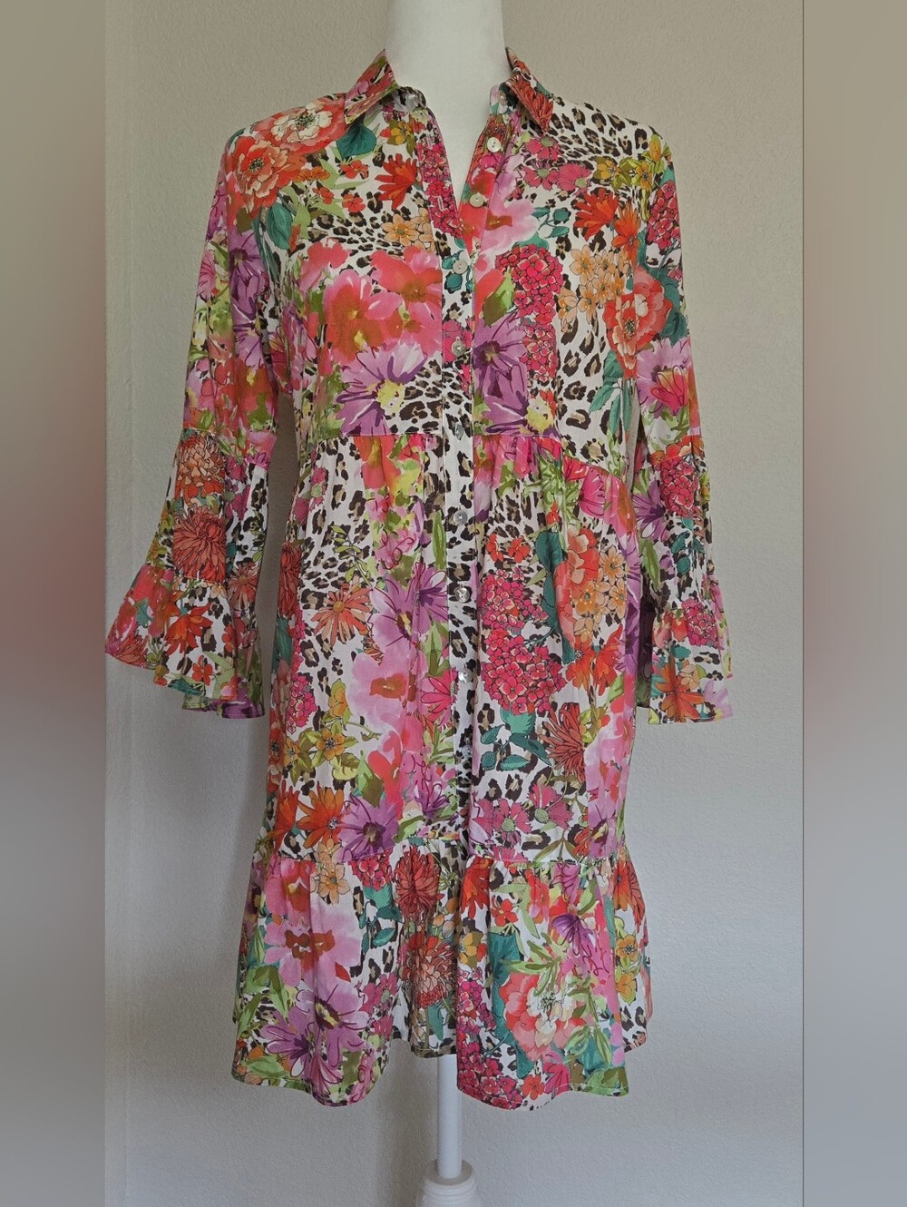 Johnny Was Floral & Leopard Print Button Down Dress, Size Small